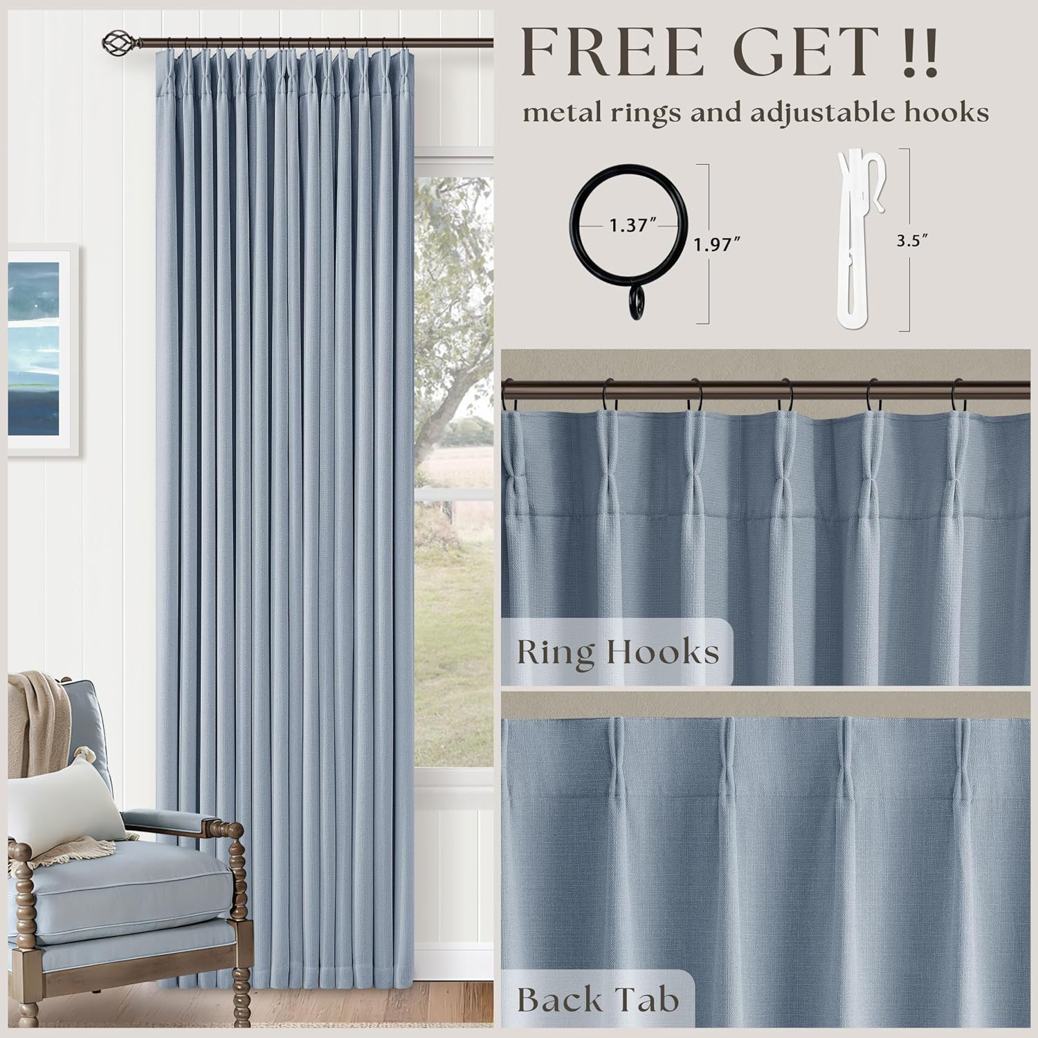 Twodrapes Light Blue Linen Blackout Pleated Curtains 90 Inches Long for Living Room Darkening Pinch Pleat 100% Black Out Drapes Thermal Ins…