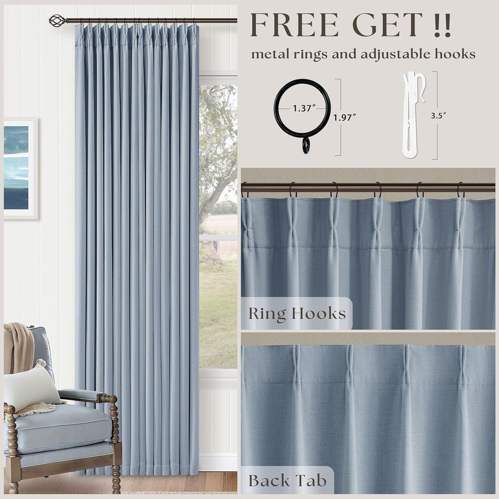 Twodrapes Light Blue 120 Inch Blackout Pinch Pleated Curtains 2 Panel Set for Living Room Darkening Thick Linen Textured 100% Black Out Dra…