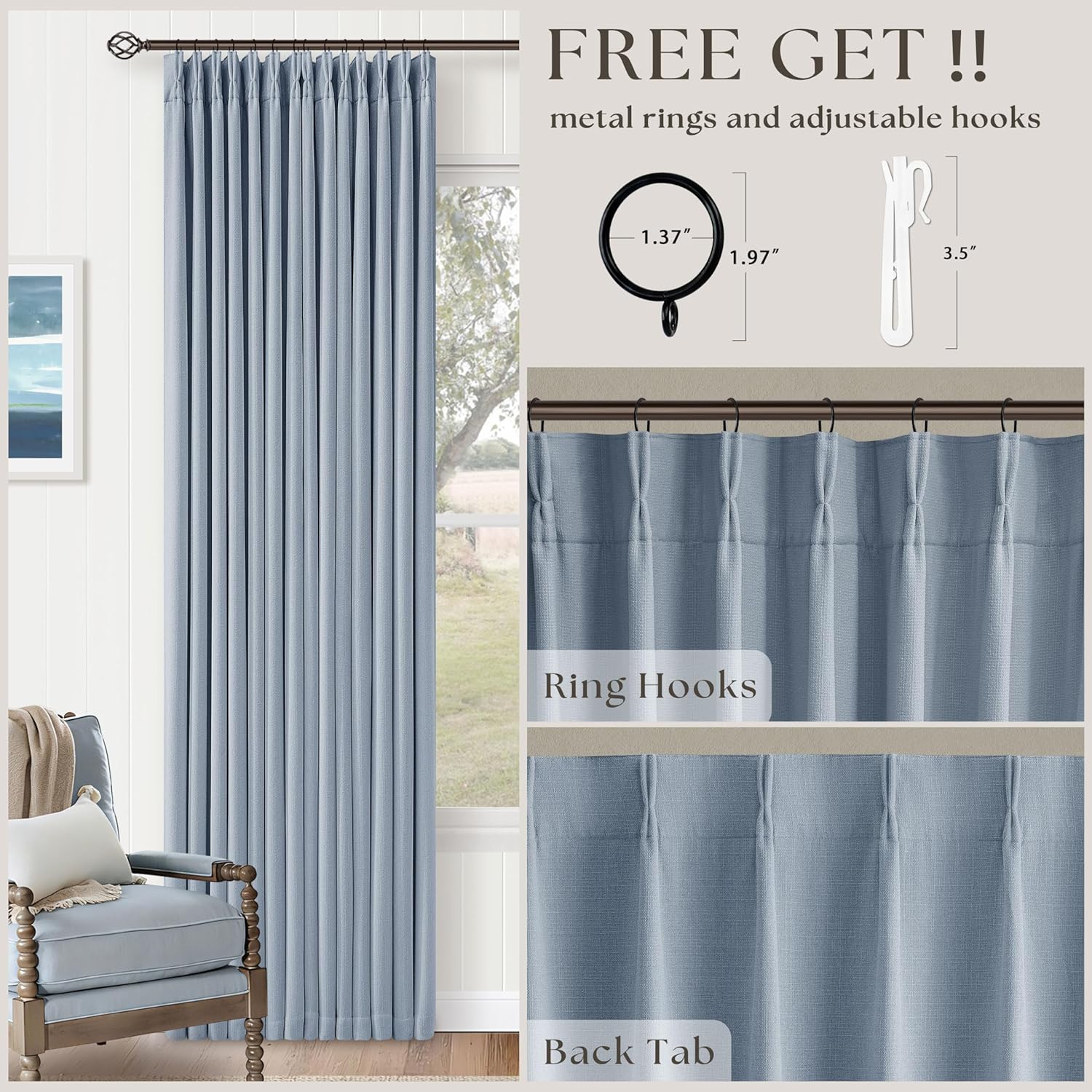 Twodrapes Light Blue 120 Inch Blackout Pinch Pleated Curtains 2 Panel Set for Living Room Darkening Thick Linen Textured 100% Black Out Dra…