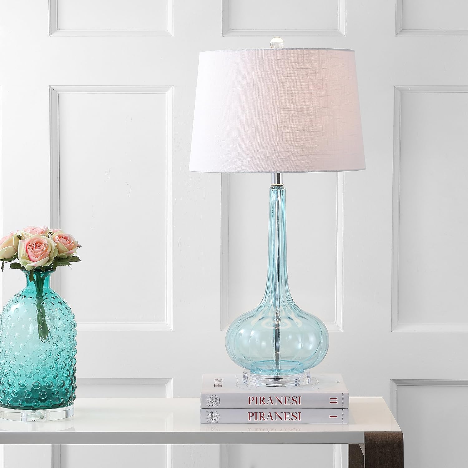 JONATHAN Y 28.5" Aqua Glass Teardrop LED Table Lamp Set of 2 for Living Room Bedroom Nightstand, White Linen Shade Modern Transitional…