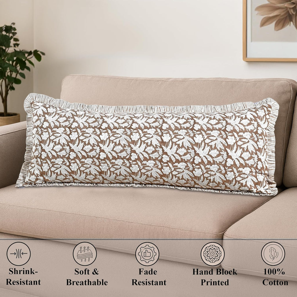 Ridhi Block Print Oak Brown 54"x20" Set 1-100% Cotton Ruffle Lumbar Sham Cover Boho Floral Pillowcase, Farmhouse Cottagecore Bedding…