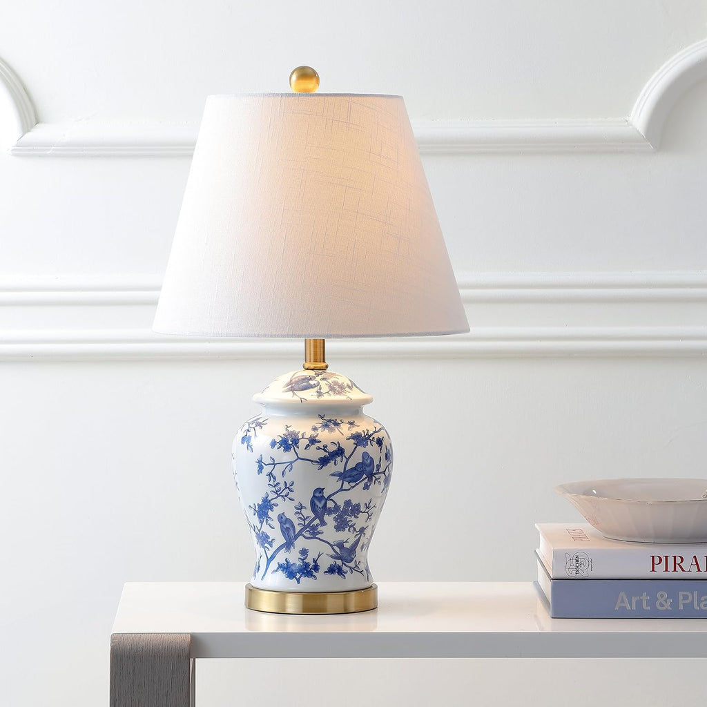 JONATHAN Y 22" Blue/White Ceramic Table Lamp, French Country Chinoiserie Ginger Jar LED Bedside Lamp for Living Room Bedroom, White Linen…