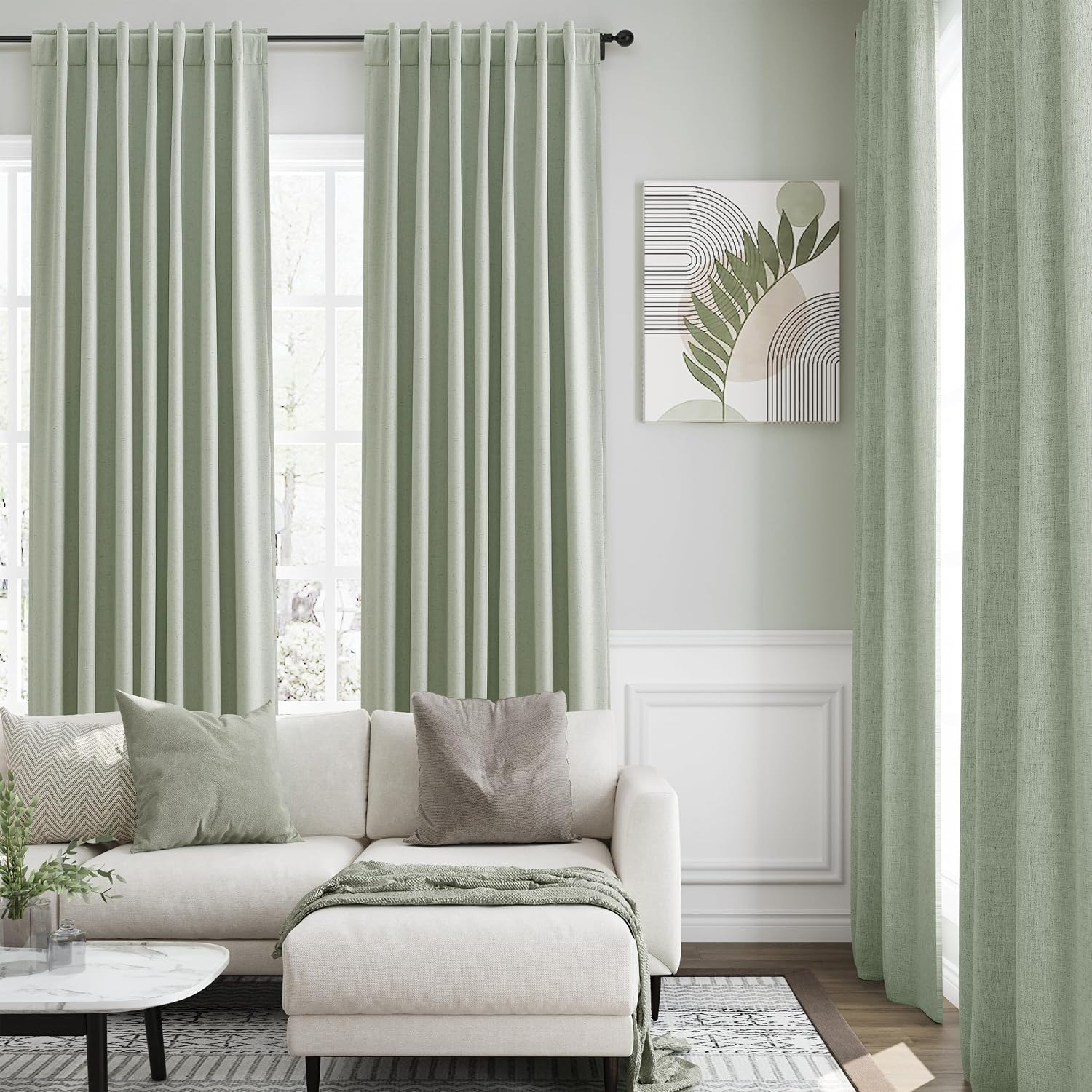Nanspring Mist Sage 100% Blackout Linen Curtains for Bedroom 84 Inch Length 2 Panels Set Back Tab Thermal Insulated Boho Black Out Curtain…