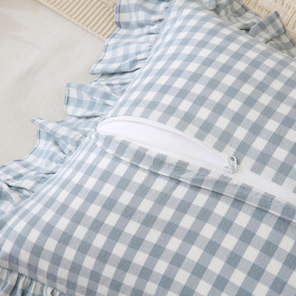 Qilunn Blue White Plaid Ruffled Body Pillow Sham Washed Cotton Shabby Checkered Gingham Pillow Cover 20"x54" Cotton Blue
