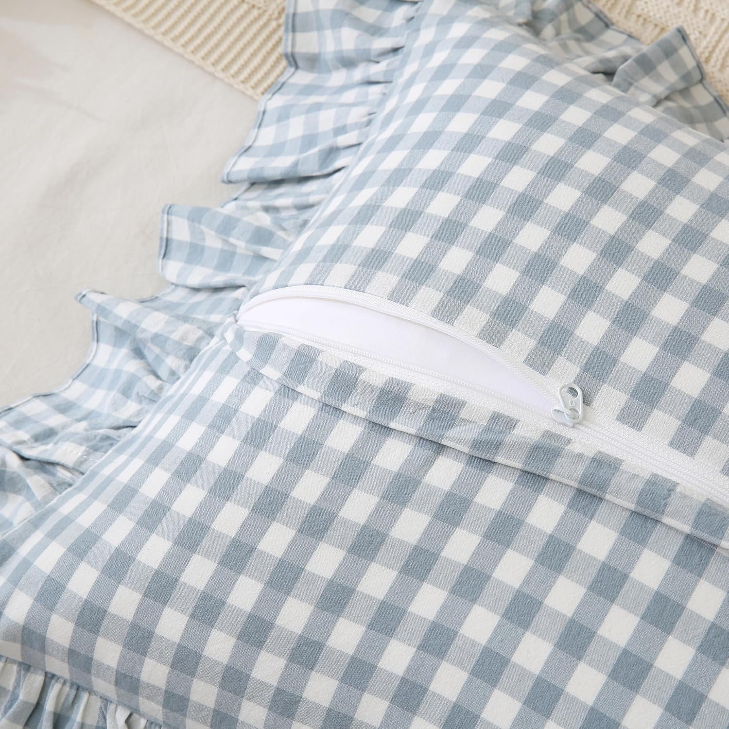 Qilunn Blue White Plaid Ruffled Body Pillow Sham Washed Cotton Shabby Checkered Gingham Pillow Cover 20"x54" Cotton Blue