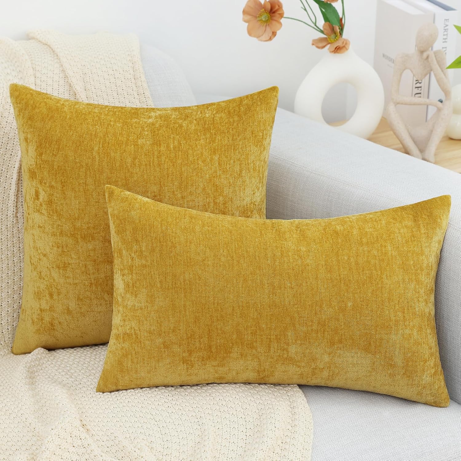 decorUhome Chenille Mineral Yellow Throw Pillow Covers 26x26 Inch Set of 2, Decorative Soft Couch Pillow Covers Solid Dyed Accent Farmhouse…