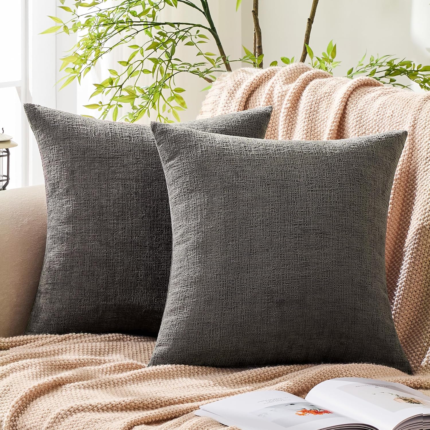 Gawamay Set of 2 Soft Textured Chenille Throw Pillow Covers 22x22 Inch (55x55 CM), Decorative Pillowcases Cushion Covers for Farmhouse Home…