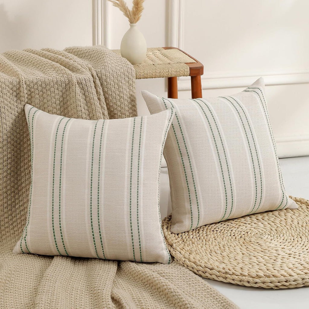 Hckot Spring Decorative Pillow Covers 18x18 Striped Throw Pillows Textured Linen Green Pillow Covers Farmhouse Decor Cushion Covers for…