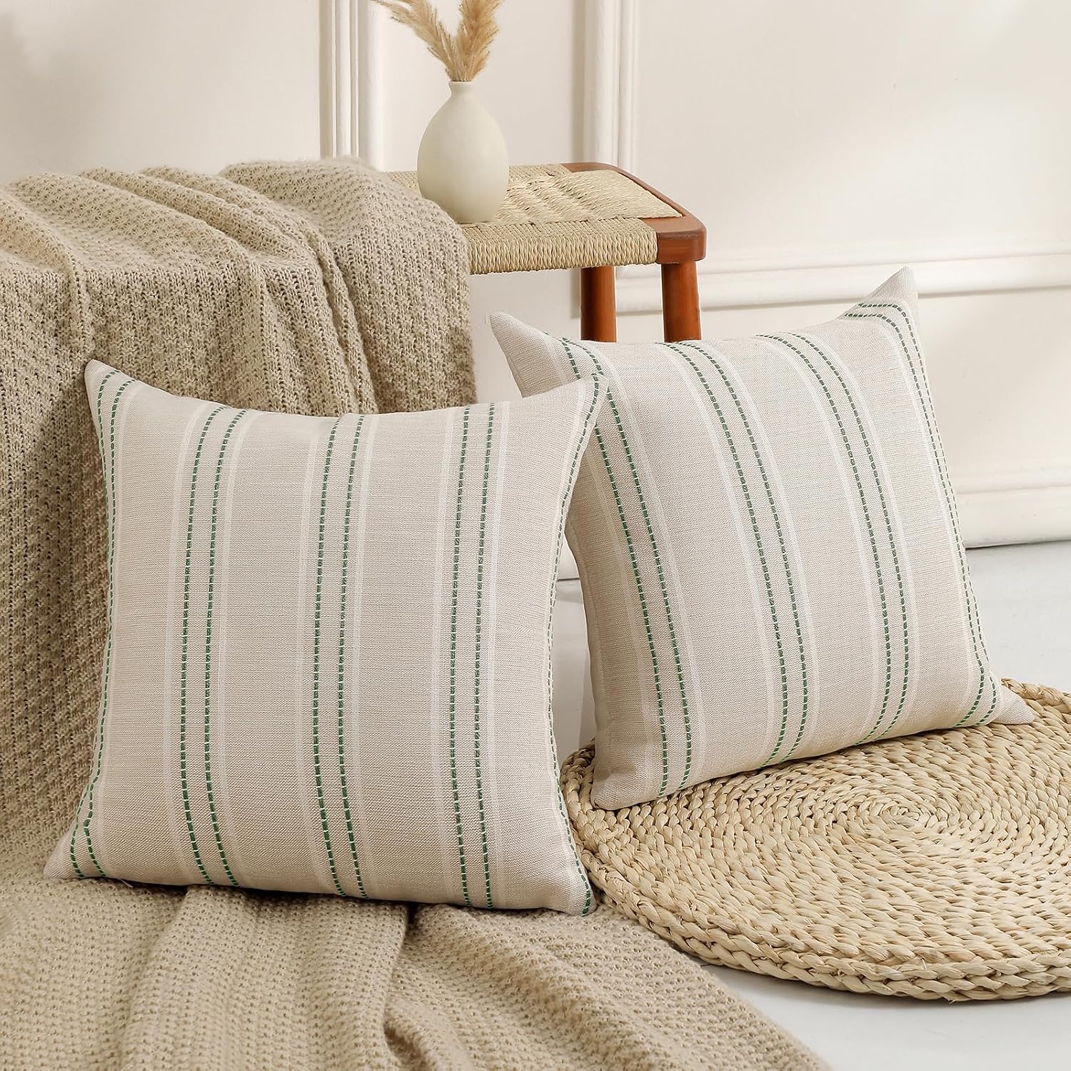 Hckot Spring Decorative Pillow Covers 18x18 Striped Throw Pillows Textured Linen Green Pillow Covers Farmhouse Decor Cushion Covers for…