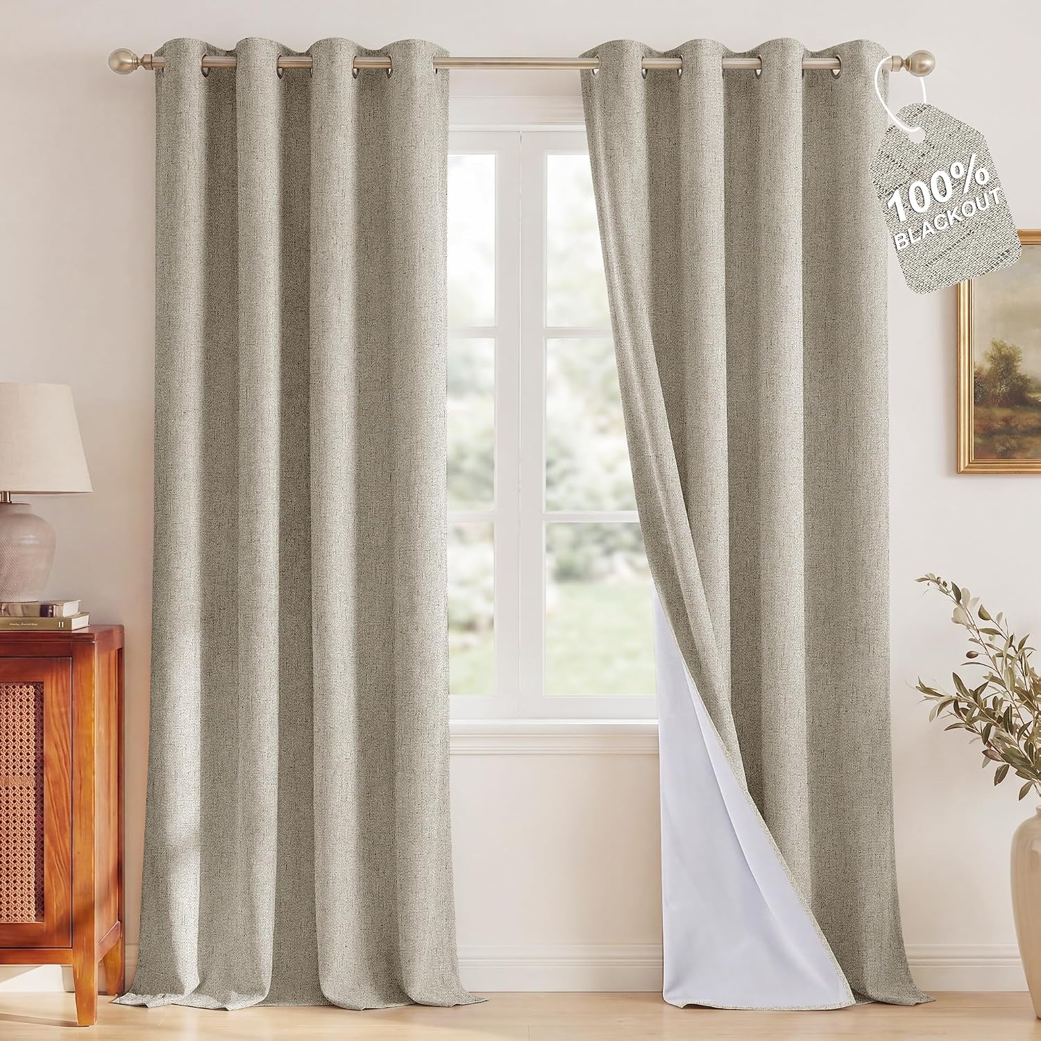 Nicetown 100% Blackout Linen Curtains 96 inches Long, White Liner Composite Grommet Thermal Drapes Casual Home Decor Window Treatments for…