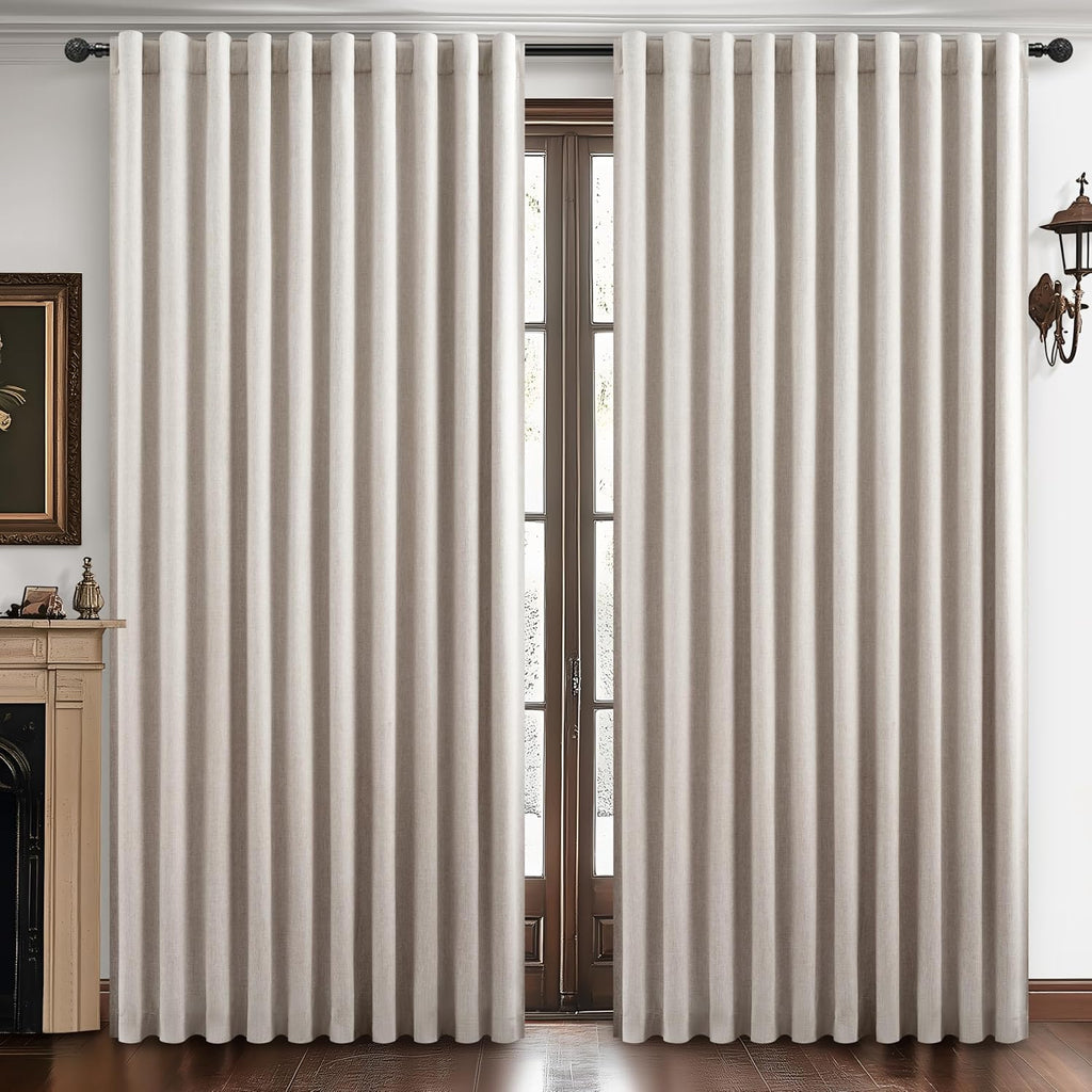 Qjmydeco Blackout Curtains 70 Inches Extra Wide Natural Linen Curtains 84 Inch Length for Living Room, Pleated Farmhouse Bedroom Thermal Dr…