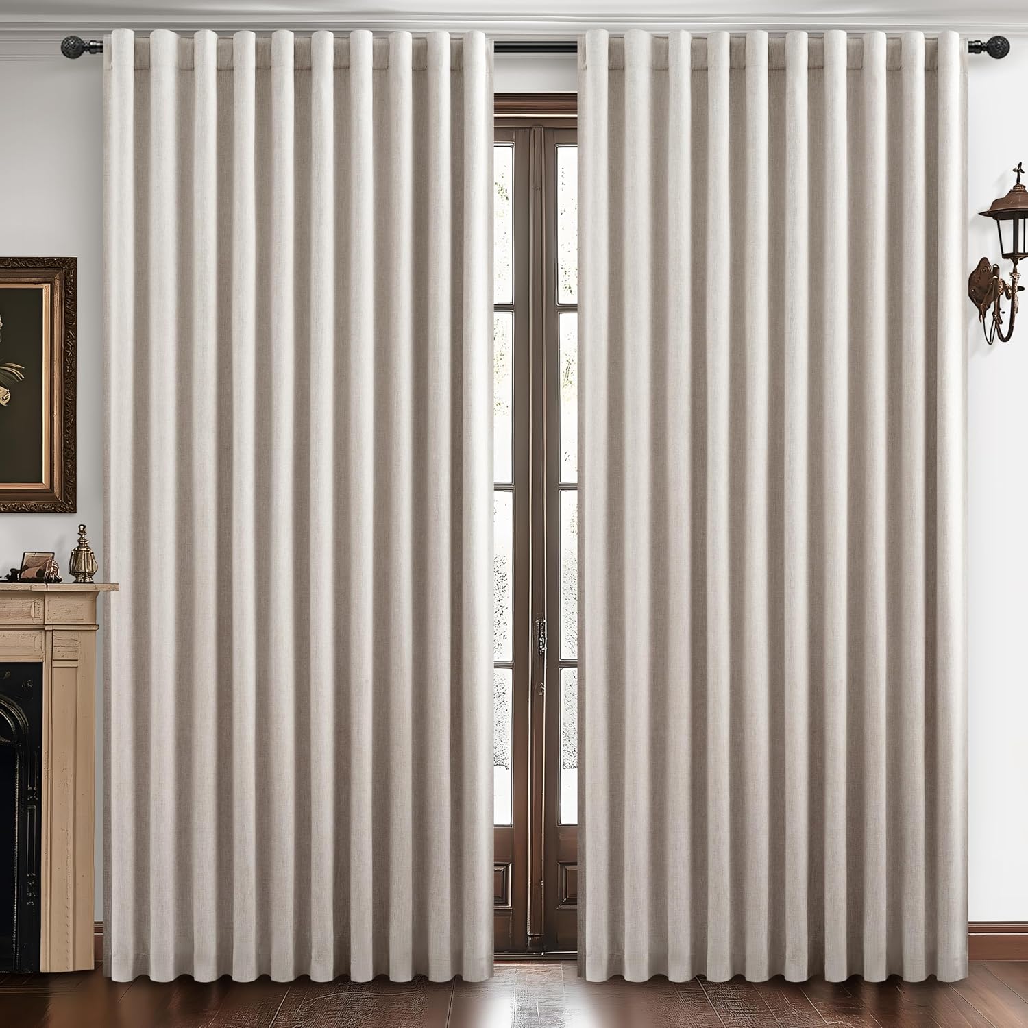 Qjmydeco Blackout Curtains 70 Inches Extra Wide Natural Linen Curtains 84 Inch Length for Living Room, Pleated Farmhouse Bedroom Thermal Dr…