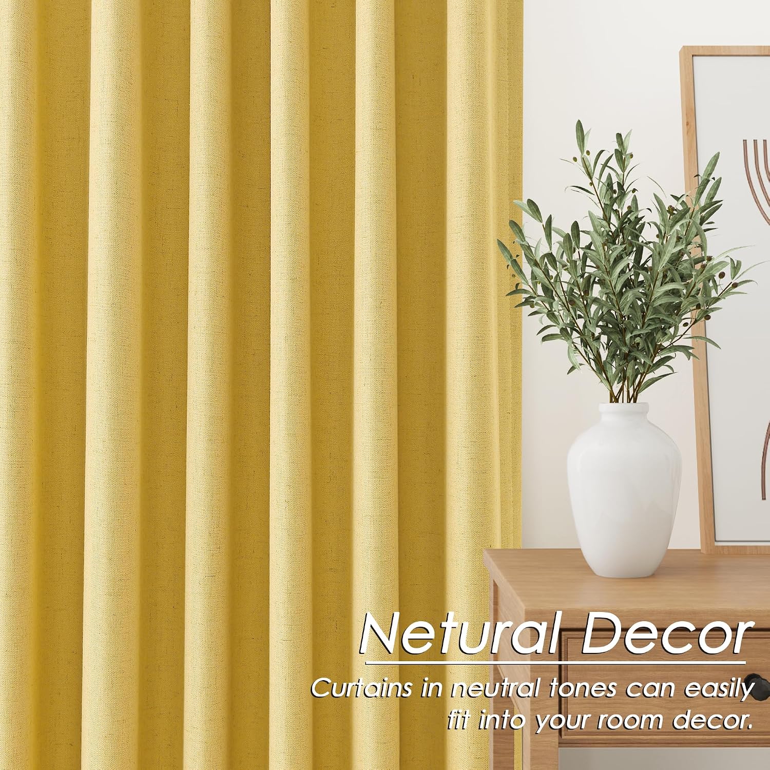 Nanspring Gold Yellow 100% Blackout Linen Curtains 96 Inches Long for Bedroom Back Tab Thermal Insulated Modern Farmhouse Decor Black Out C…