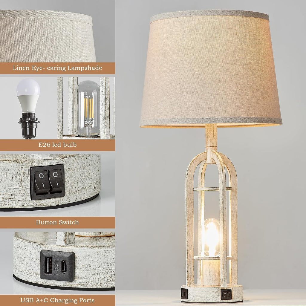 SRJJA Farmhouse Table Lamps for Living Room Set of 2 - Rustic Industrial Bedside Lamps for Bedroom Nightstand with Nightlight and USB…