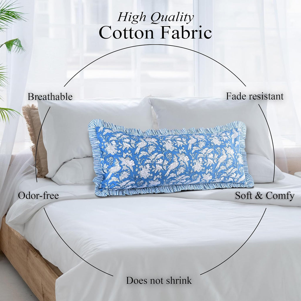 Cottonprintclub CPC Hand Block Print Blue Sapphire Ruffle Sham Pillow Cover 36" x 14" inch Hidden Zipper Decorative Pillowcase for Couch, B…