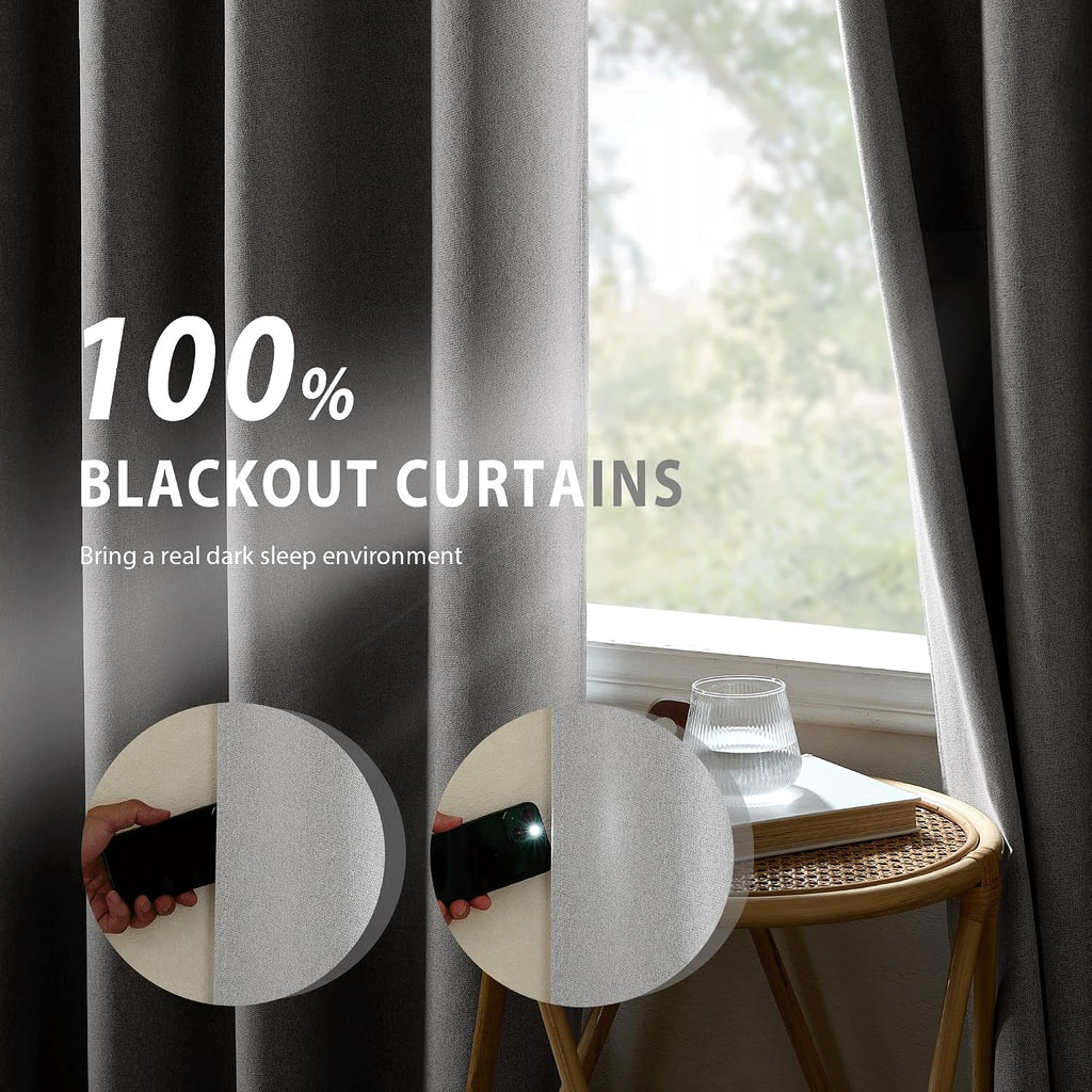 NICETOWN 100% Absolutely Blackout Faux Linen Curtains with Thermal Insulated White Liner, Greyish White, W52, 2 Pieces, Noise Reducing…