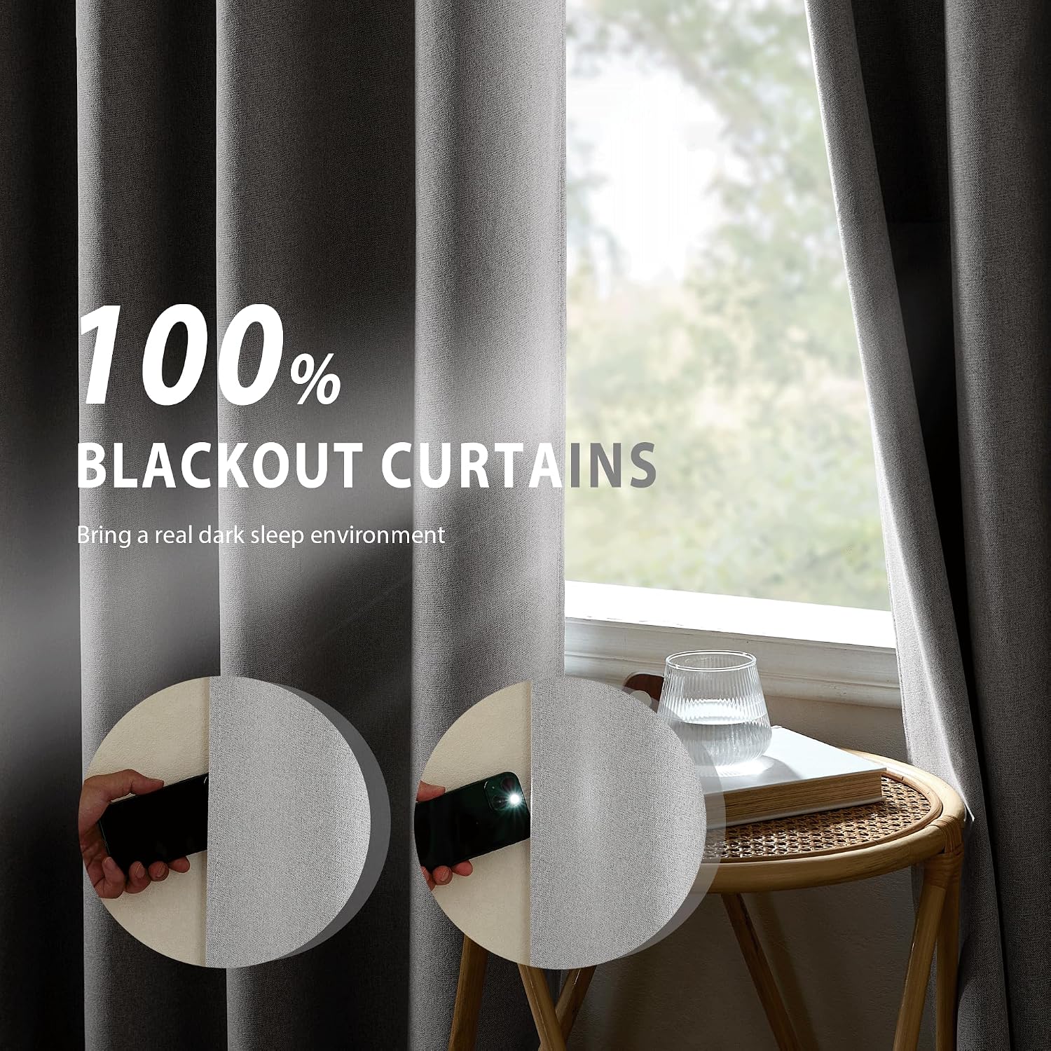 NICETOWN 100% Absolutely Blackout Faux Linen Curtains with Thermal Insulated White Liner, Greyish White, W52, 2 Pieces, Noise Reducing…