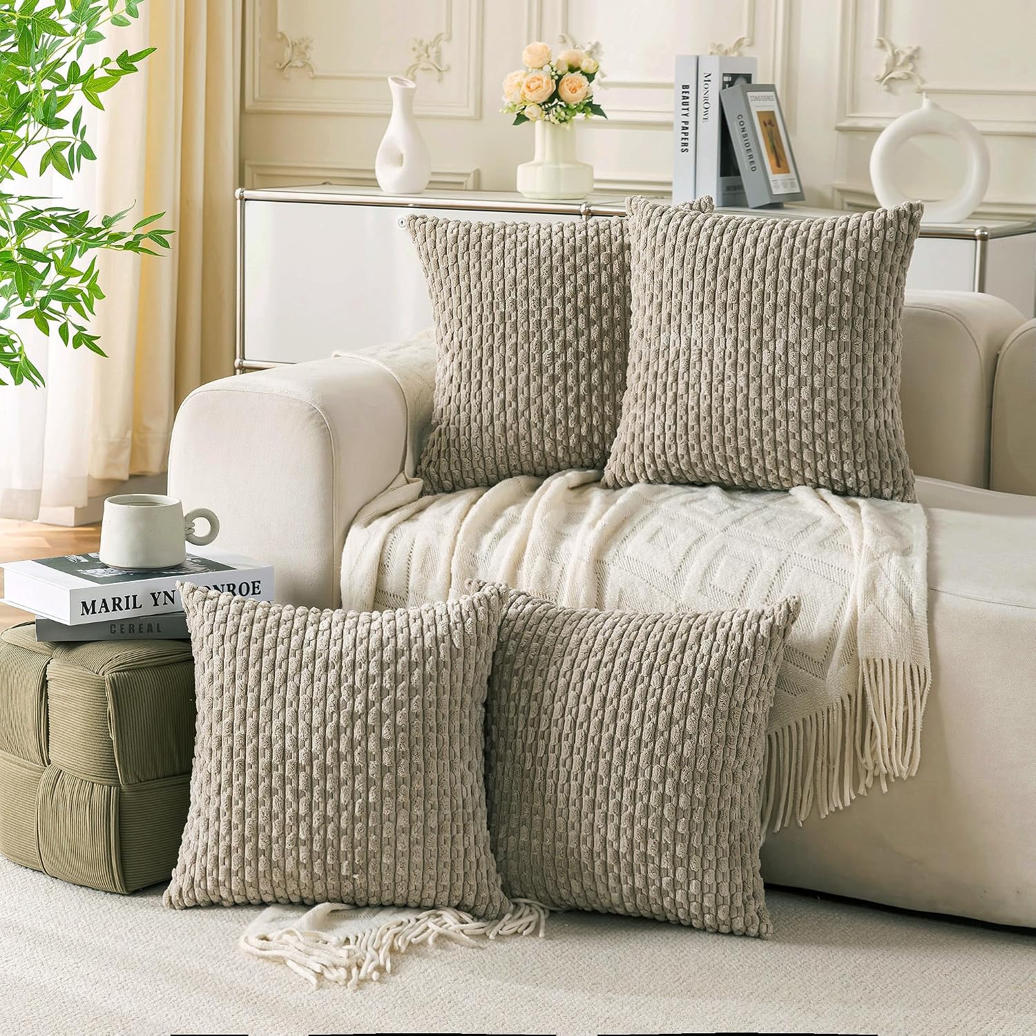 Cozoomy Set of 4 Taupe Decorative Throw Pillow Covers 22x22 Inch Corduroy Pillow Covers for Bed Couch Sofa Living Room Soft Square Cushion…