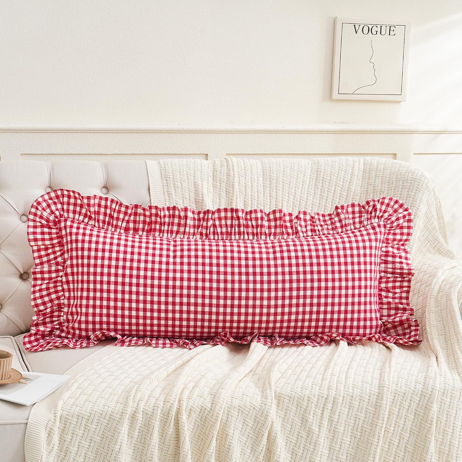 Qilunn 14x36 inches Red/White Plaid Ruffle Lumbar Gingham Pillow Sham 1 Piece, Pure Cotton Decor Pillowcase Farmhouse Pillow Cover for Bedd…