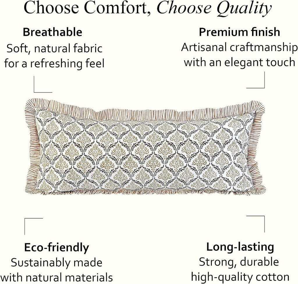 Cottonprintclub CPC Hand Block Print Sandstone Regal Ruffle Sham Pillow Cover 36" x 14" inch Hidden Zipper Decorative Pillowcase for Couch,…