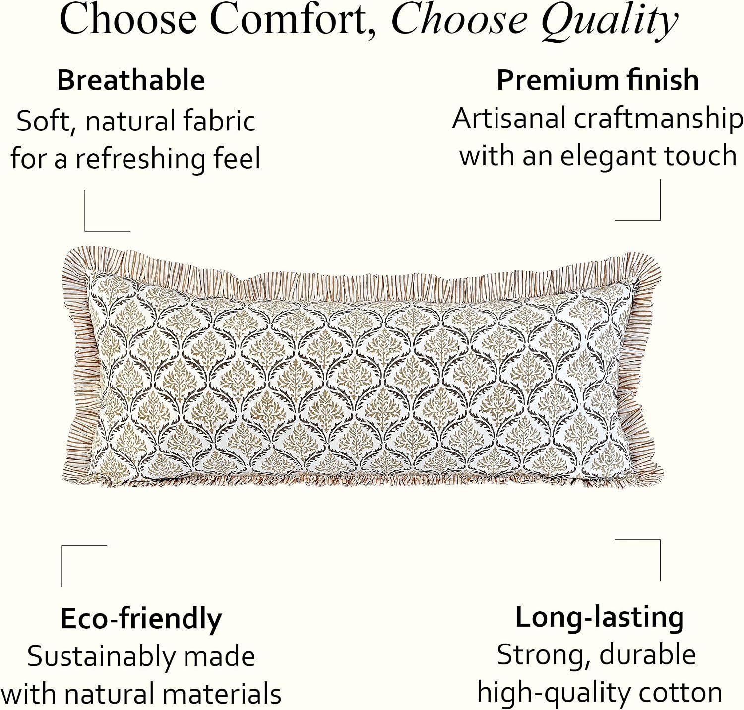 Cottonprintclub CPC Hand Block Print Sandstone Regal Ruffle Sham Pillow Cover 36" x 14" inch Hidden Zipper Decorative Pillowcase for Couch,…