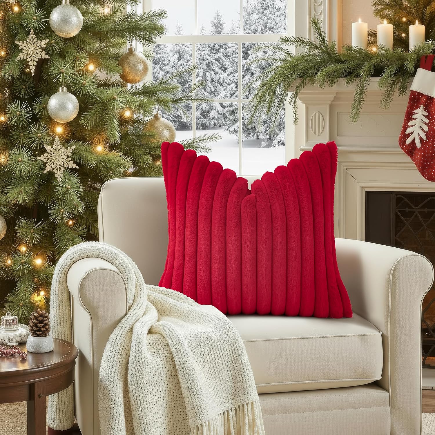 decorUhome Cozy Faux Fur Throw Pillow Covers 22x22 Set of 2 Decorative Soft Plush Striped Modern Farmhouse Boho Couch Euro Sham Pillow Case…