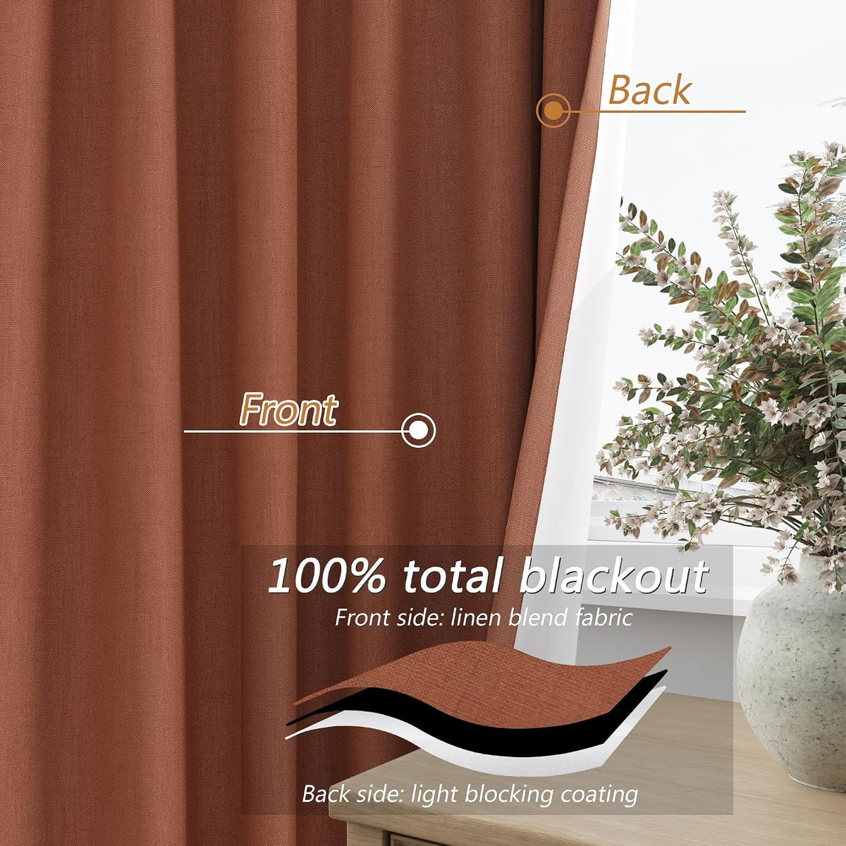 Guken Terracotta 100% Blackout Curtains 108 Inch Length 2 Panels Set Fall Curtains for Living Room Bedroom Back Tab Thermal Insulated Black…