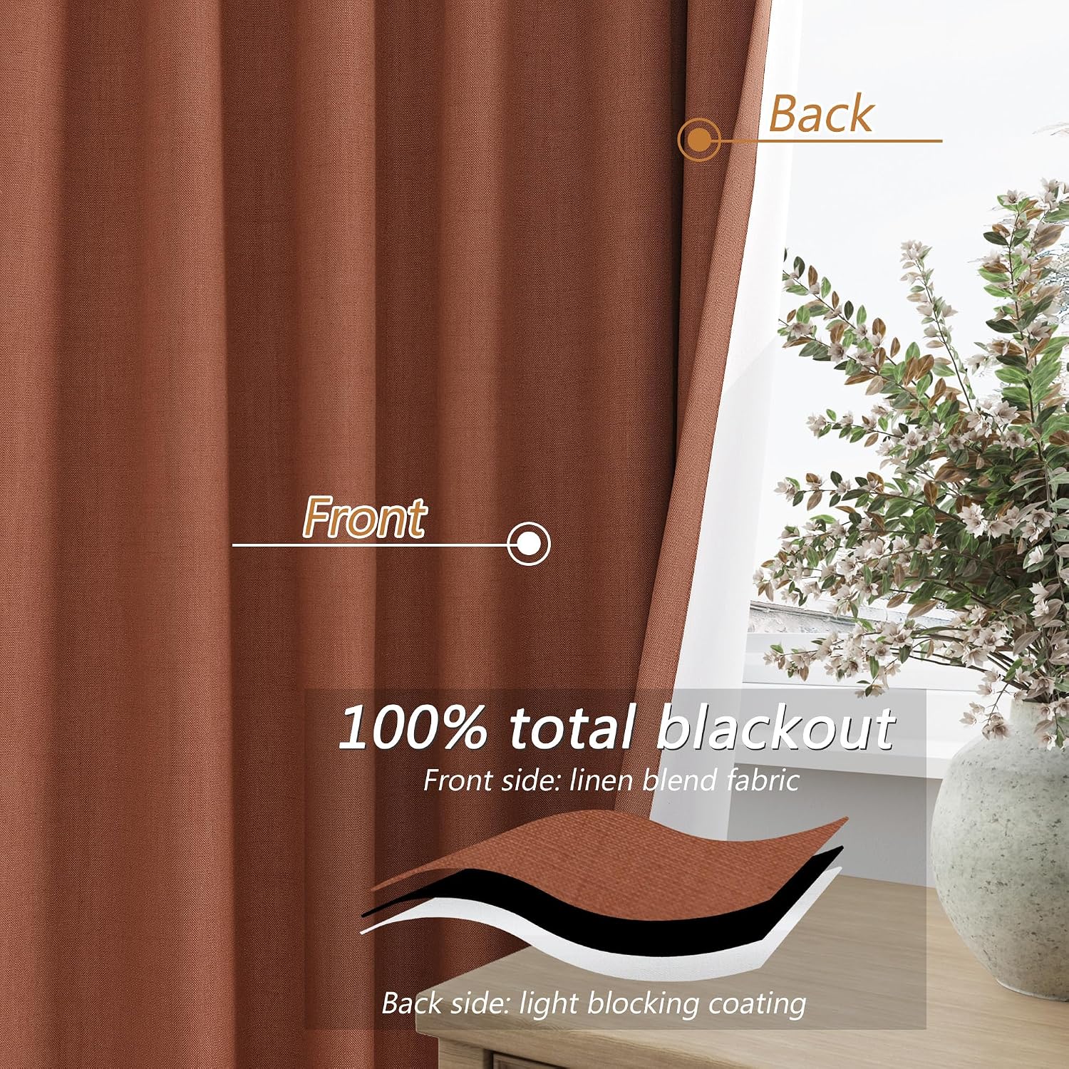Guken Terracotta 100% Blackout Curtains 96 Inch Length 2 Panels Set Fall Curtains for Living Room Bedroom Back Tab Thermal Insulated Black…