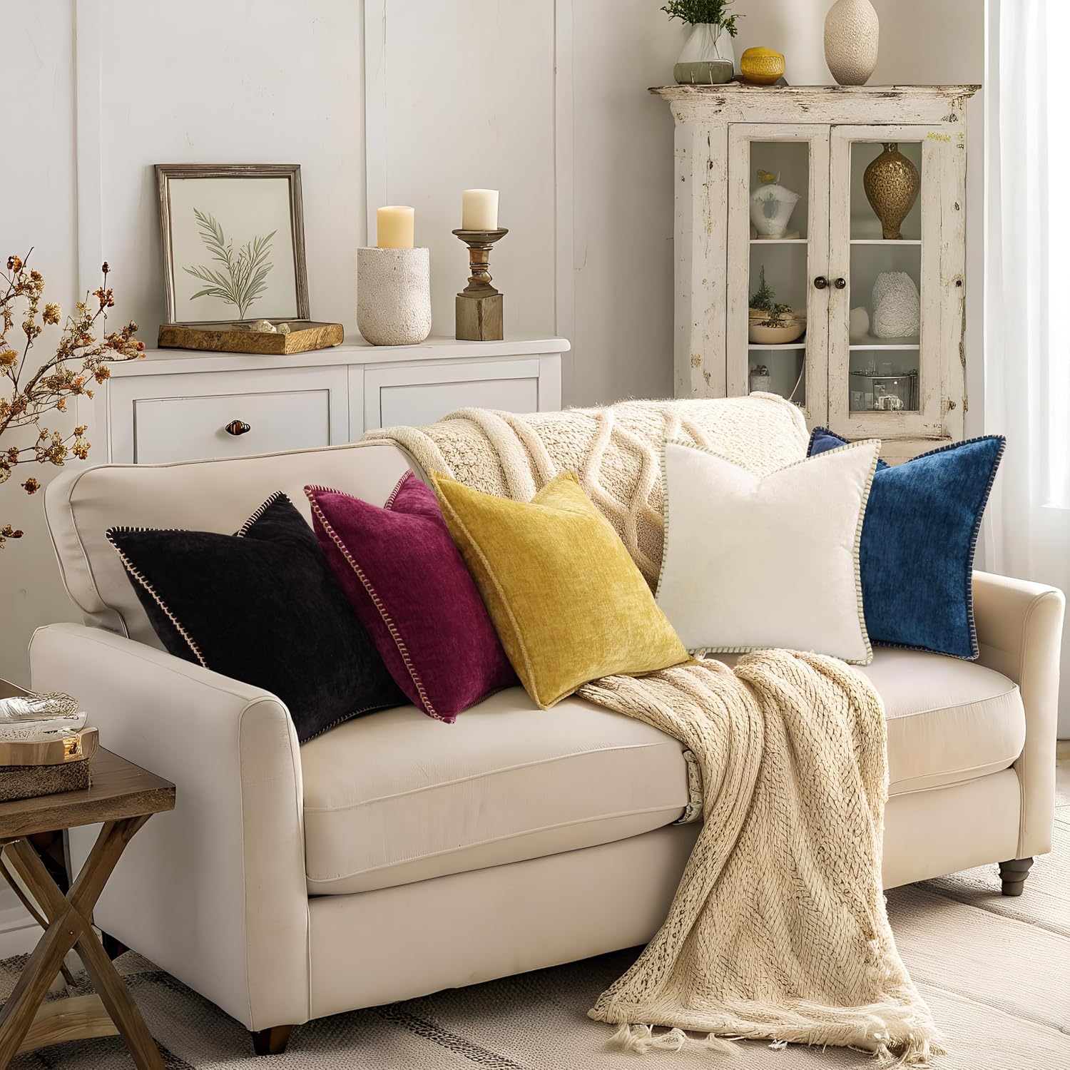 decorUhome Chenille Soft Cozy Throw Pillow Covers 20x20 Set of 2, Modern Farmhouse Boho Velvet Decorative Pillow Cases with Stitched Edge f…