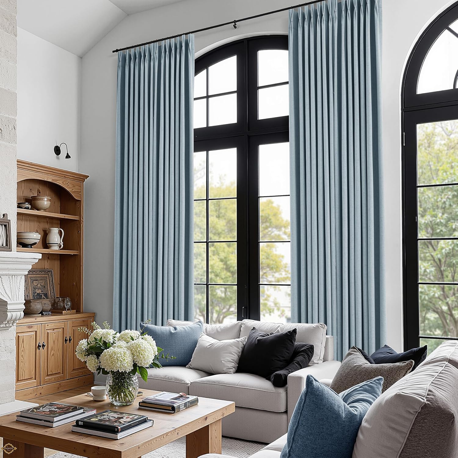 Boodii Blue 108 Inches Long 100% Blackout Linen Pinch Pleated Curtains Thermal Insulate 2 Panels Set for Living Room Bedroom Farmhouse Back…