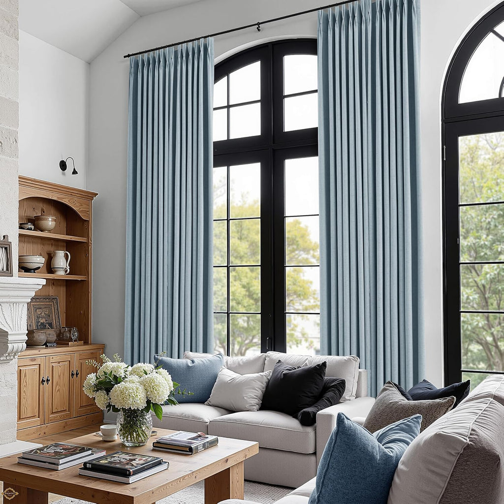Boodii Blue 100% Blackout Linen Pinch Pleated Curtains Extra Long 112 Inches Long for Living Room Bedroom 2 Panels Set Room Darkening Clip…