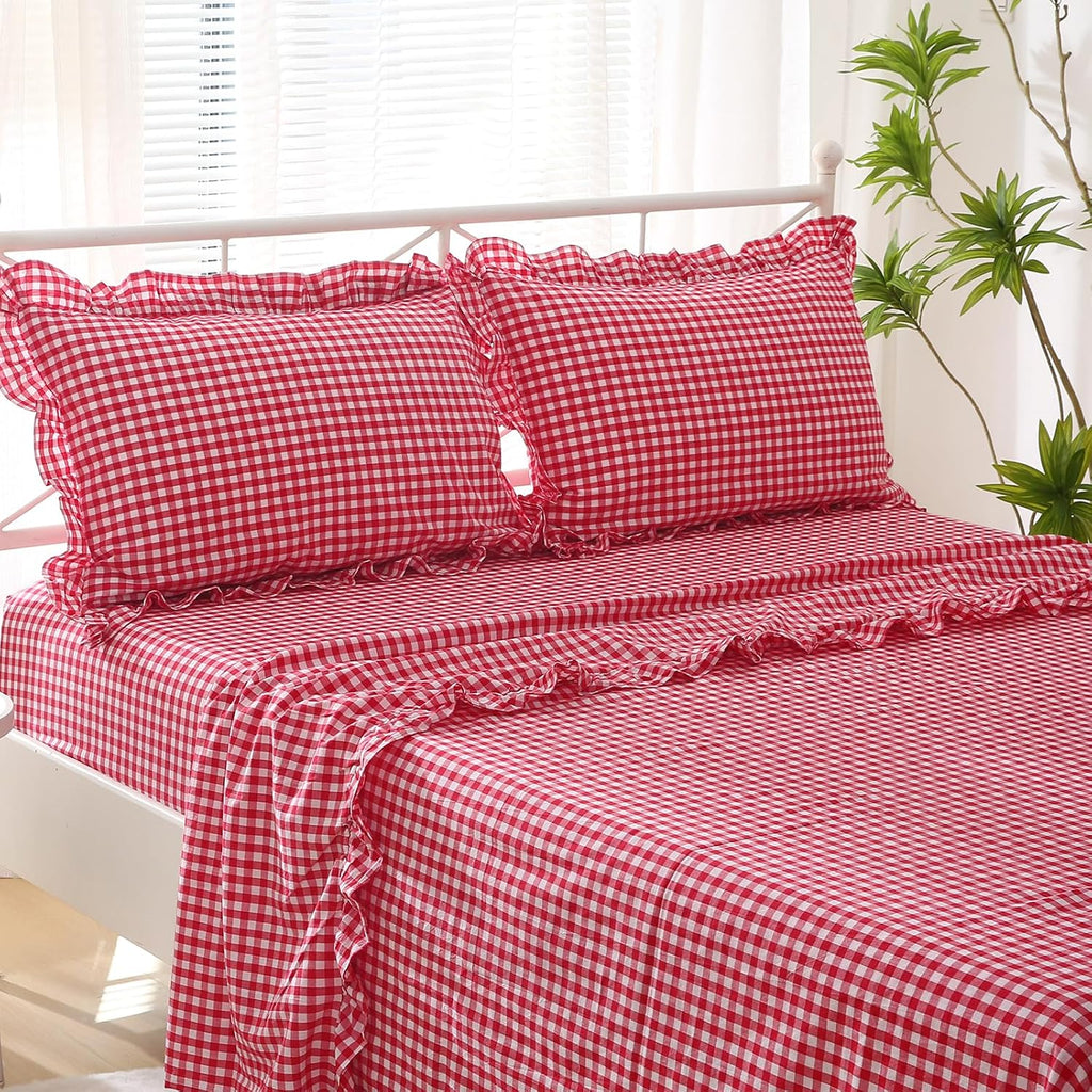 Kmasaniji 2 Pack Red White Plaid Ruffle Gingham Pillow Shams Standard Size, 100% Washed Cotton Buffalo Checkered Farmhouse Bed Pillow Cover…