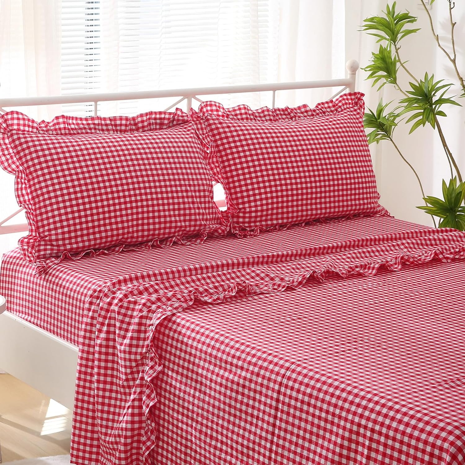 Kmasaniji 2 Pack Red White Plaid Ruffle Gingham Pillow Shams Standard Size, 100% Washed Cotton Buffalo Checkered Farmhouse Bed Pillow Cover…