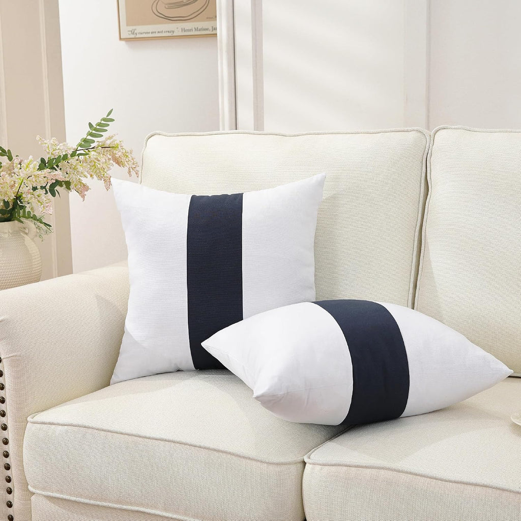 TAOSON Set of 2, 100% Cotton Canvas Patchwork Throw Pillow Covers 12x20 Inch Modern Navy Blue Striped Pillow Cushion Covers Farmhouse…