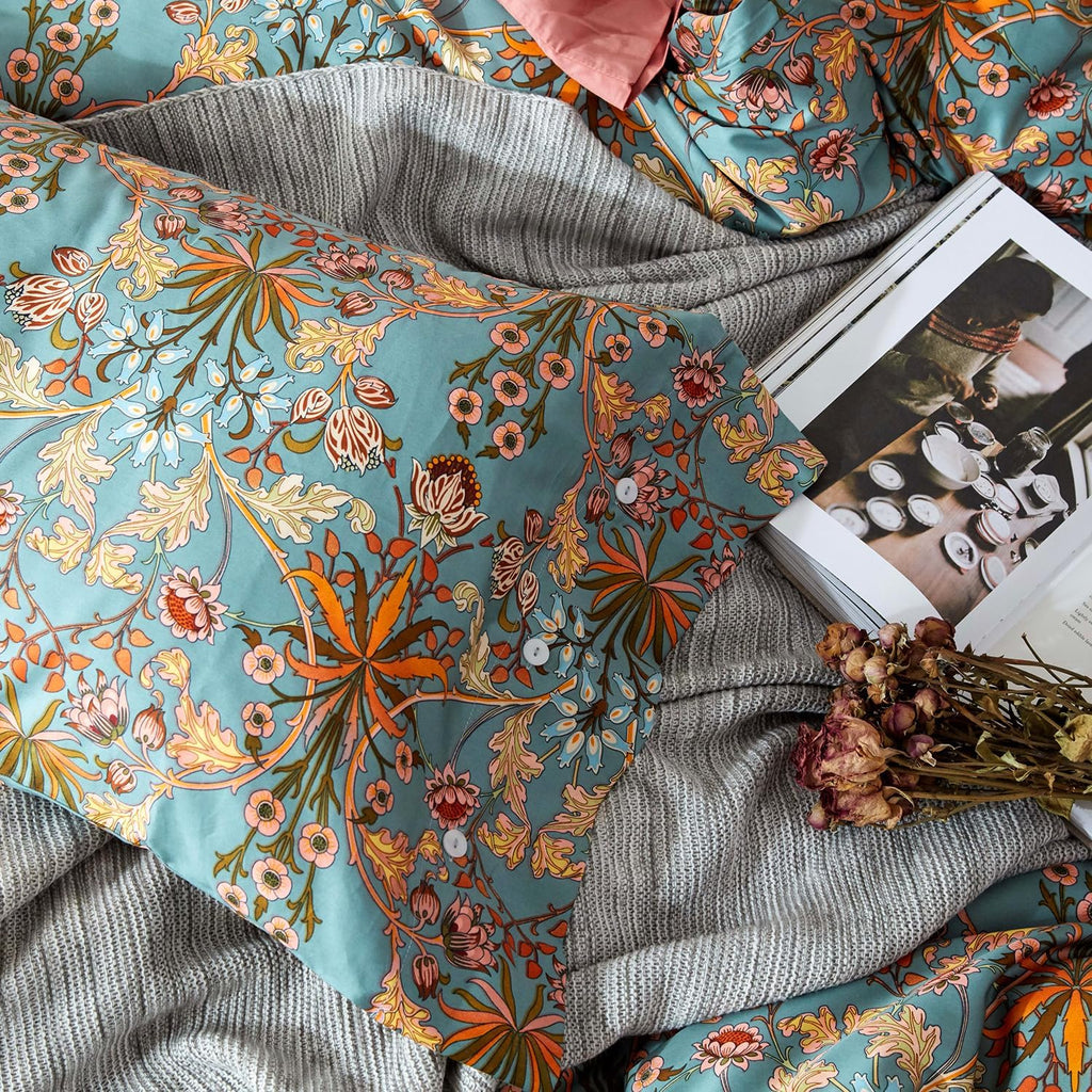 mixinni Vintage Style Garden Flower Duvet Cover Set with Zipper Closure Long Staple Percale Cotton Yellow Vibrant Pattern on Bedding Quilt…