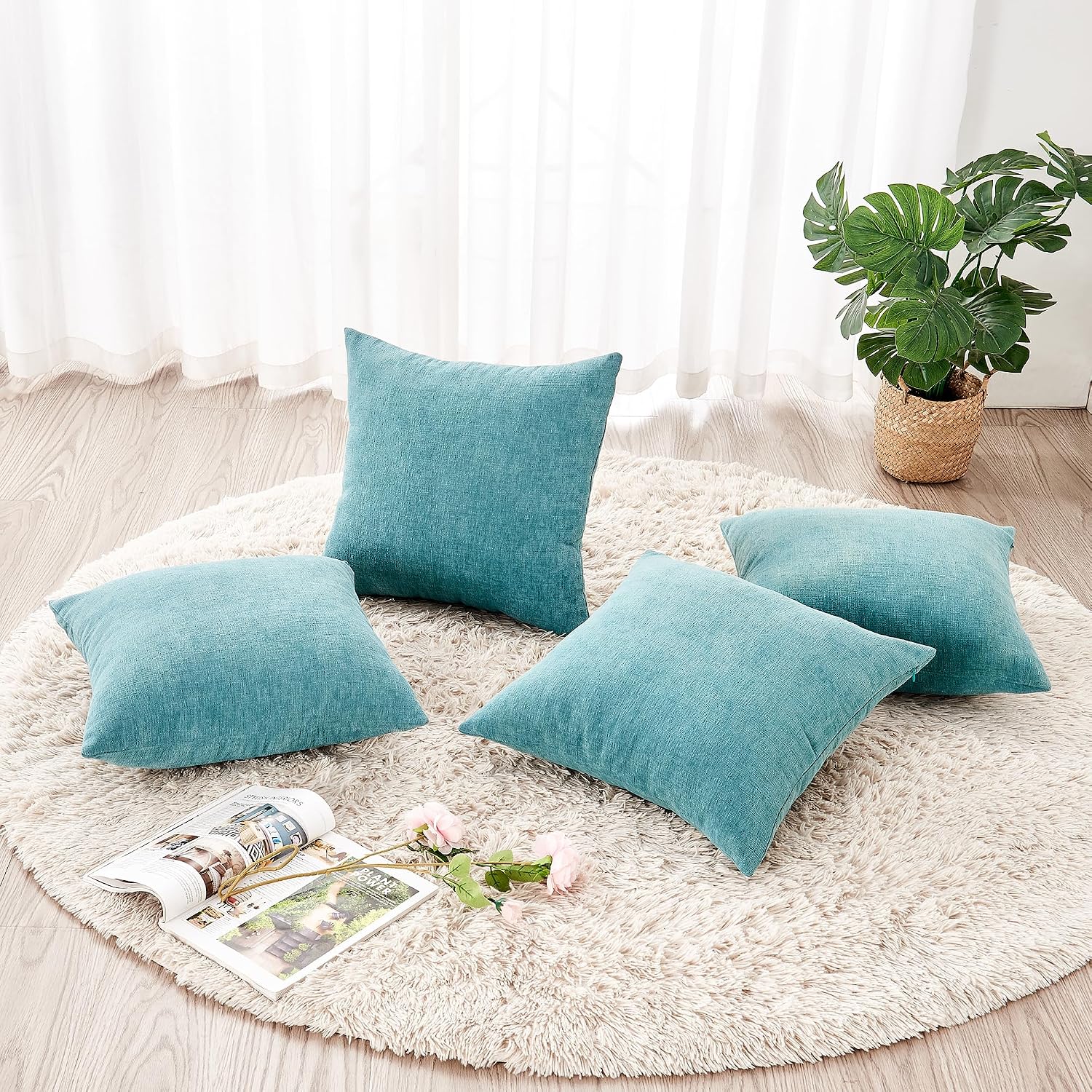 Gawamay Decorative Square Throw Pillow Covers 18"x18" Inch Set of 4, Super Soft Chenille Pillows Farmhouse Fall Pillowcase for Living Room…