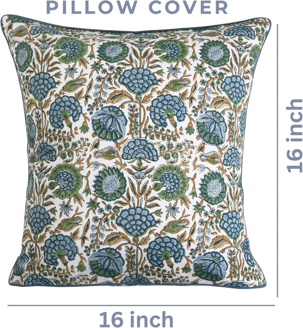 Ridhi Block Print Asparagus Green Pillow Cover 16" x 16" (Pack of 2) Decorative Couch Pillows for Living Room, Farmhouse Chic Boho Cute Out…