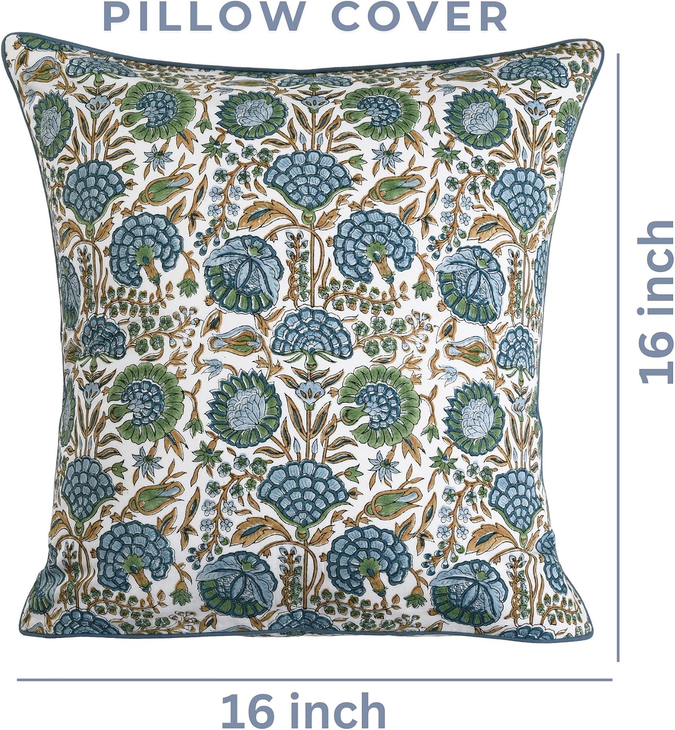 Ridhi Block Print Asparagus Green Pillow Cover 16" x 16" (Pack of 2) Decorative Couch Pillows for Living Room, Farmhouse Chic Boho Cute Out…