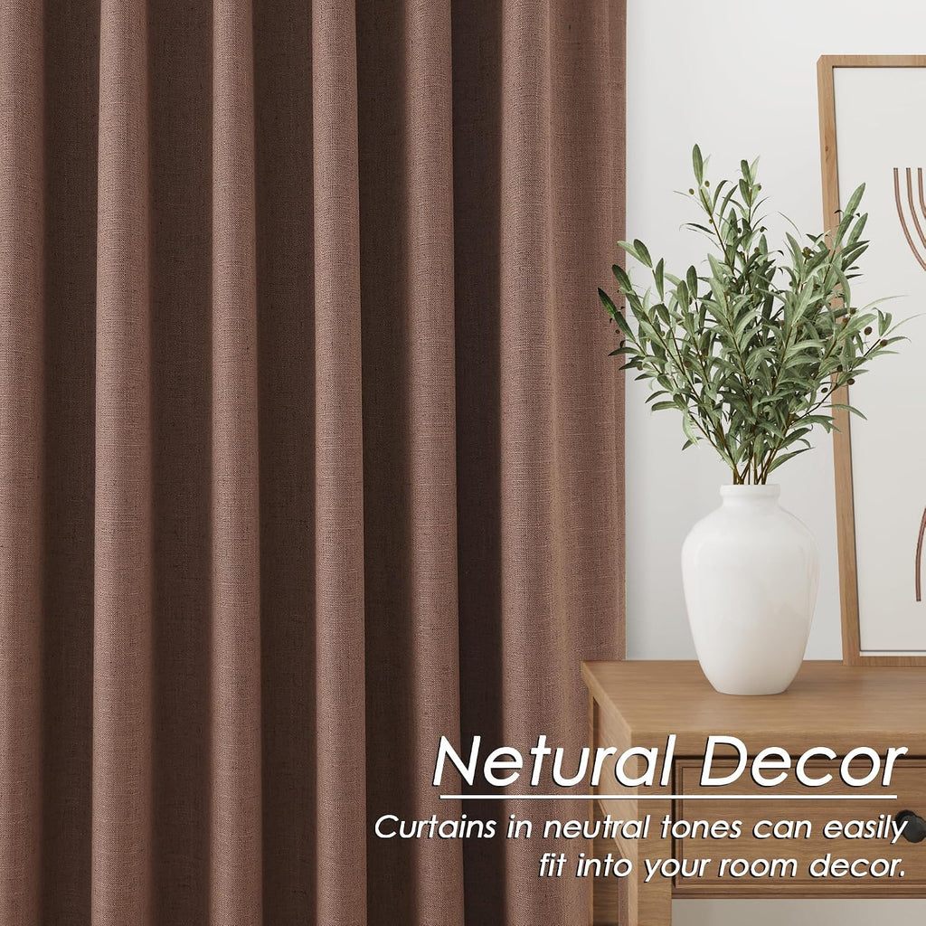 Nanspring Caramel Brown 100% Blackout Linen Curtains for Bedroom 96 Inches Long Back Tab Rod Pocket Thermal Insulated Vintage Black Black O…