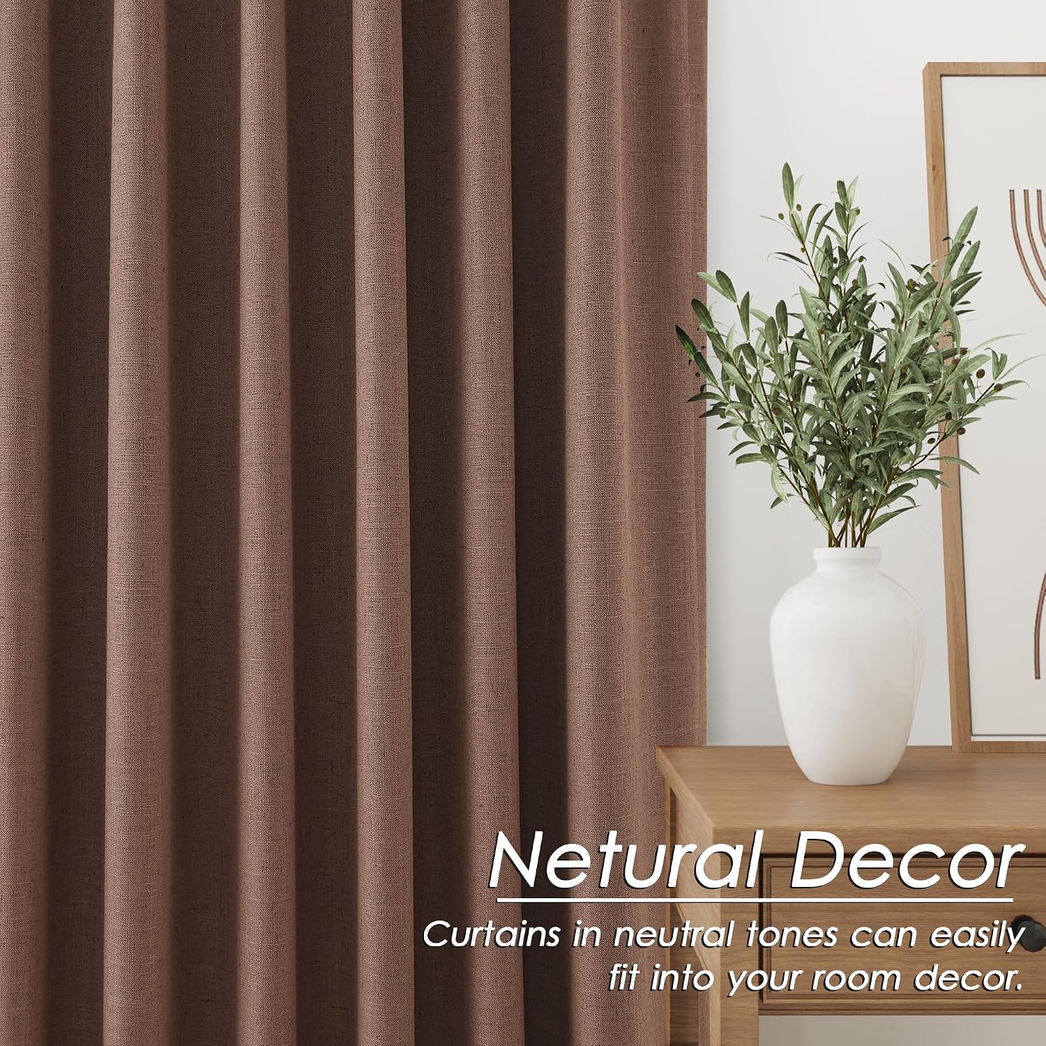Nanspring Caramel Brown 100% Blackout Linen Curtains for Bedroom 96 Inches Long Back Tab Rod Pocket Thermal Insulated Vintage Black Black O…