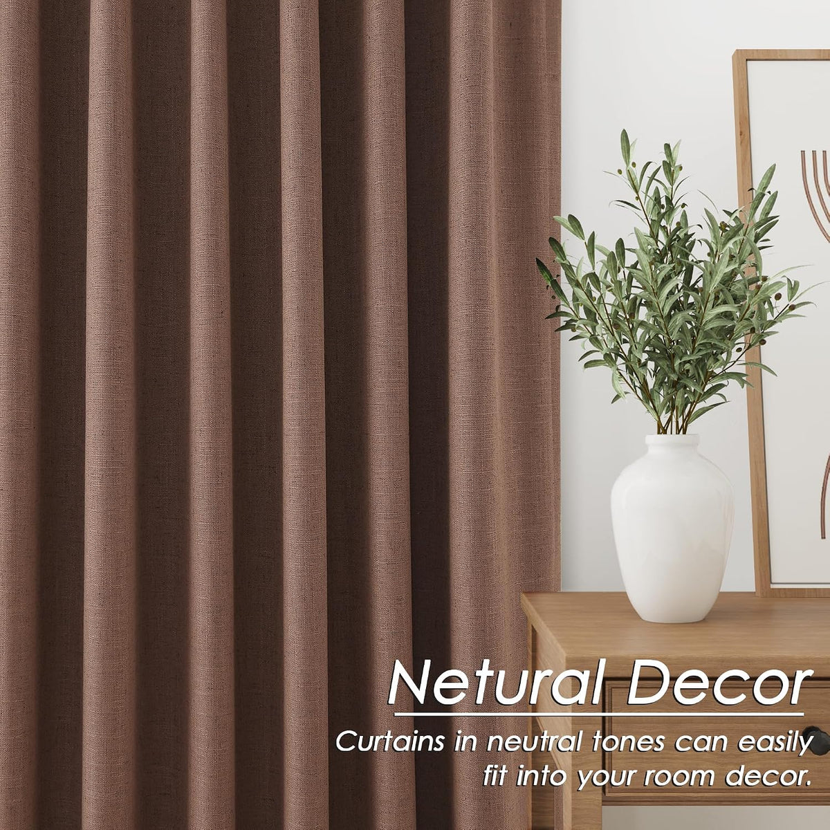 Nanspring Caramel Brown 100% Blackout Linen Curtains for Bedroom 120 Inches Long Back Tab Rod Pocket Thermal Insulated Vintage Black out Cu…