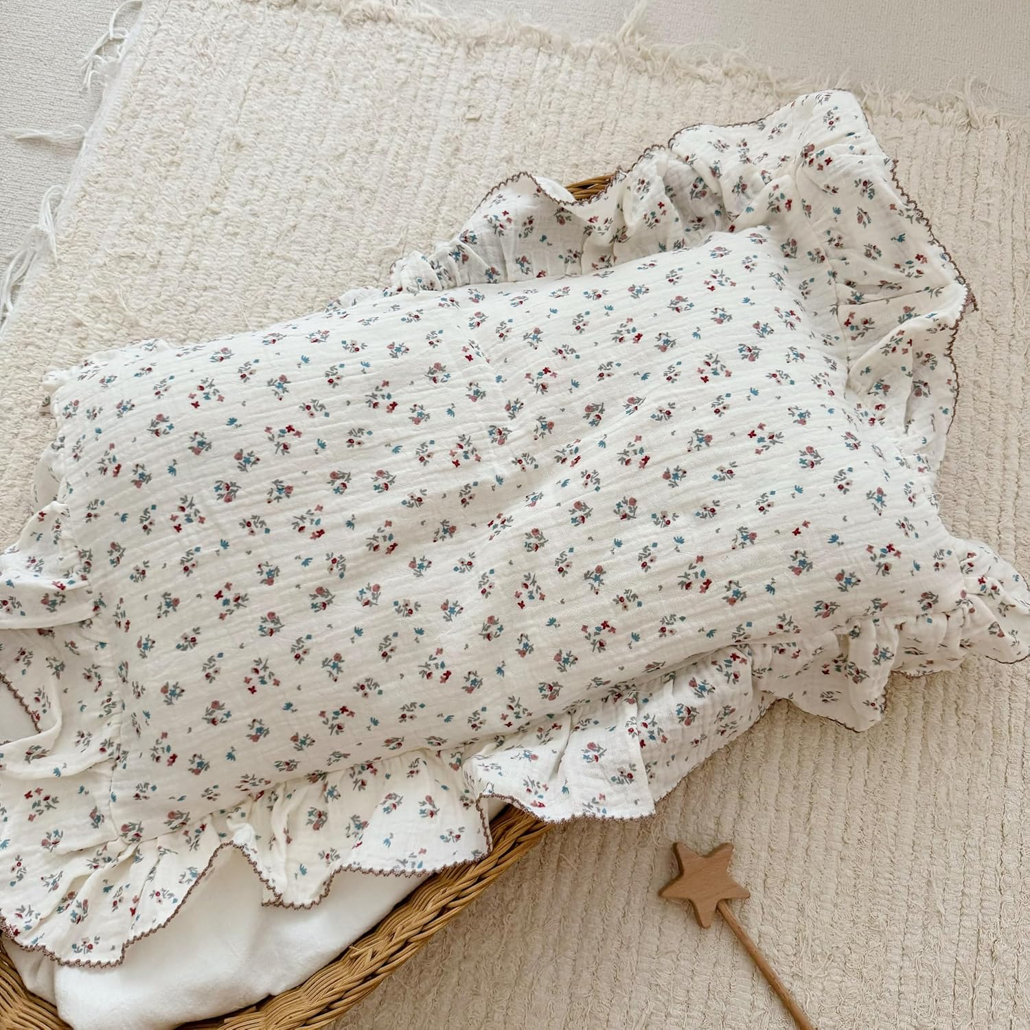 BuLuTu Cute Floral Print Pillowcases for Toddler Girls Boys, 14"x20", 1 pc, 2 Layers Muslin Cotton Pillow Cases for Crib Toddler Bed…