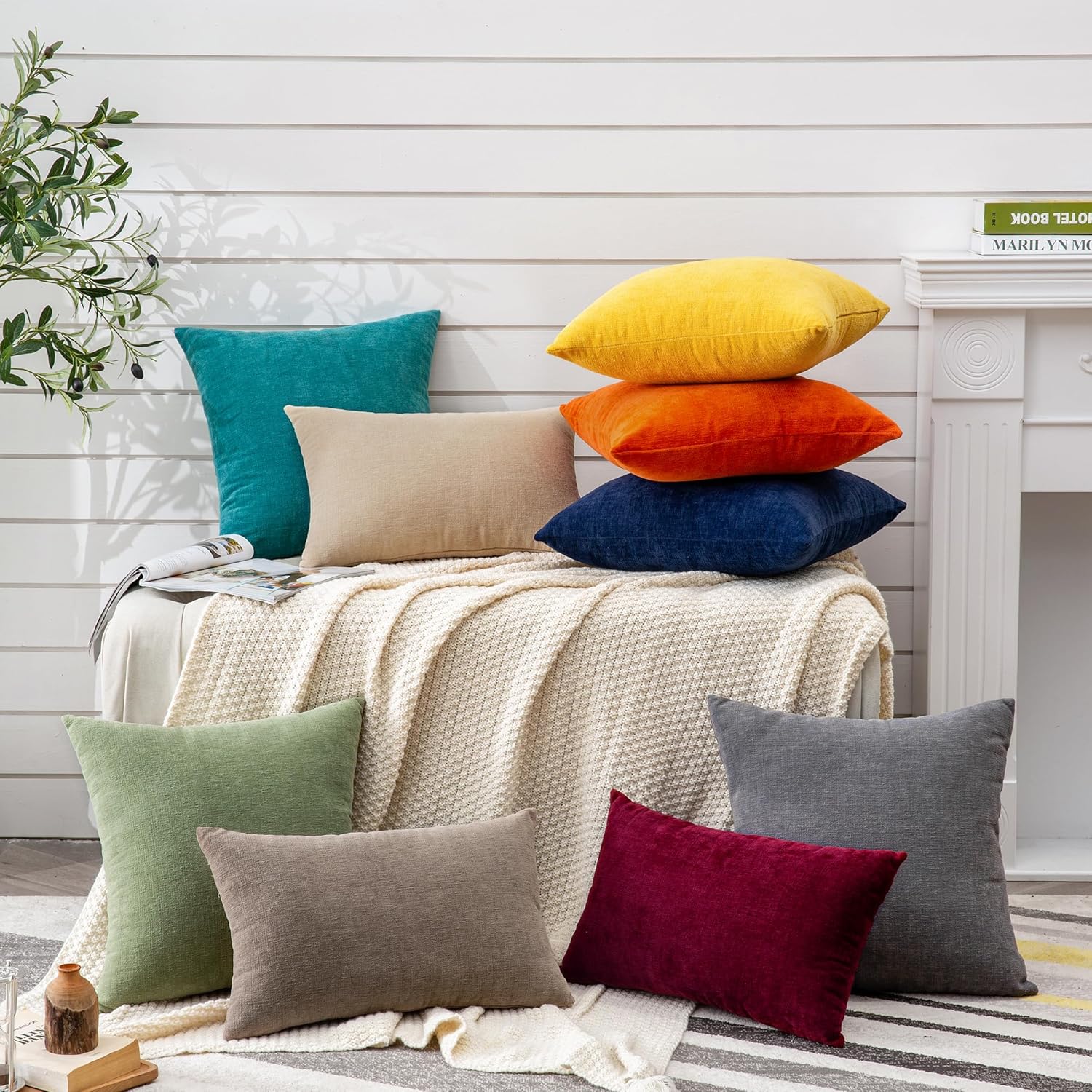 Gawamay Decorative Square Throw Pillow Covers 22"x22" Inch Set of 2, Super Soft Chenille Pillows Farmhouse Fall Pillowcase for Living Room…