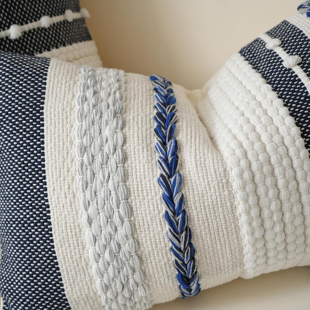 BlissBlush Decorative Lumbar Throw Pillow Cover 14x24 Boho Dark Blue Accent Cushion for Couch Sofa Farmhouse Pillowcase for Bedroom…