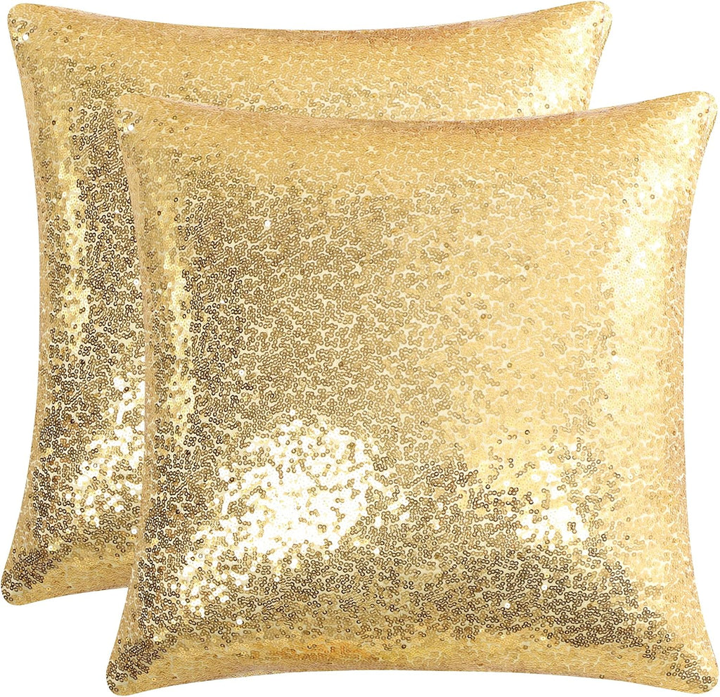 uxcell 2 Pcs Gold Tone Sequin Throw Pillow Covers, Shiny Sparkling Comfy Satin Sequin Cushion Covers, Decorative Pillowcases for…