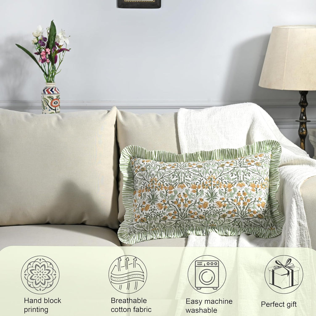 Ridhi Block Print Goldenrod Yellow 20"x12" Set 1-100% Cotton Ruffle Lumbar Sham Cover Boho Floral Pillowcase, Farmhouse Cottagecore…