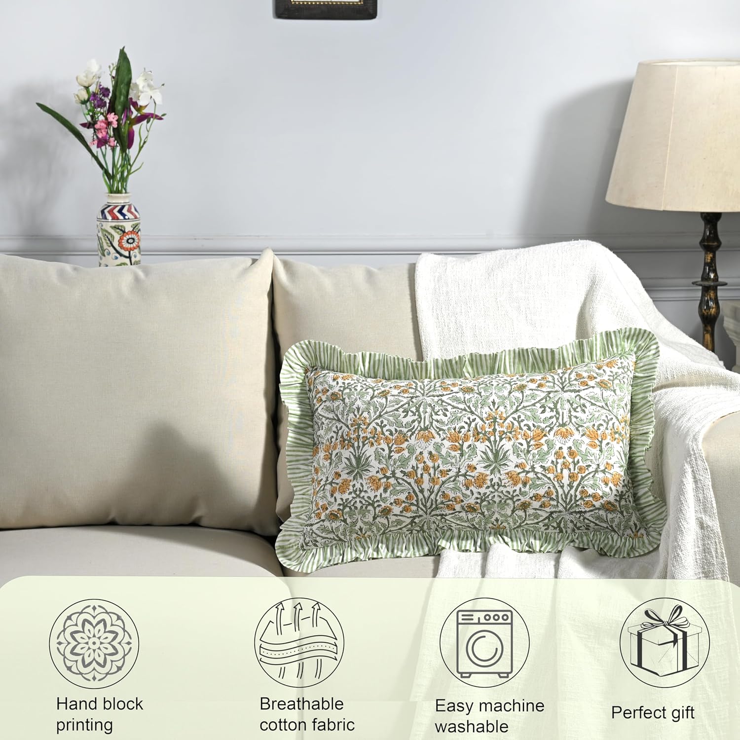 Ridhi Block Print Goldenrod Yellow 20"x12" Set 1-100% Cotton Ruffle Lumbar Sham Cover Boho Floral Pillowcase, Farmhouse Cottagecore…