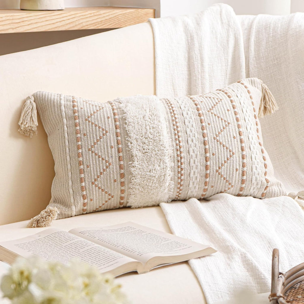 BlissBlush 12x20 Lumbar Pillow Cover, Cream Neutral Beige Rectangular Decorative Cushion Cover, Boho Accent Pillowcase with Tufted…