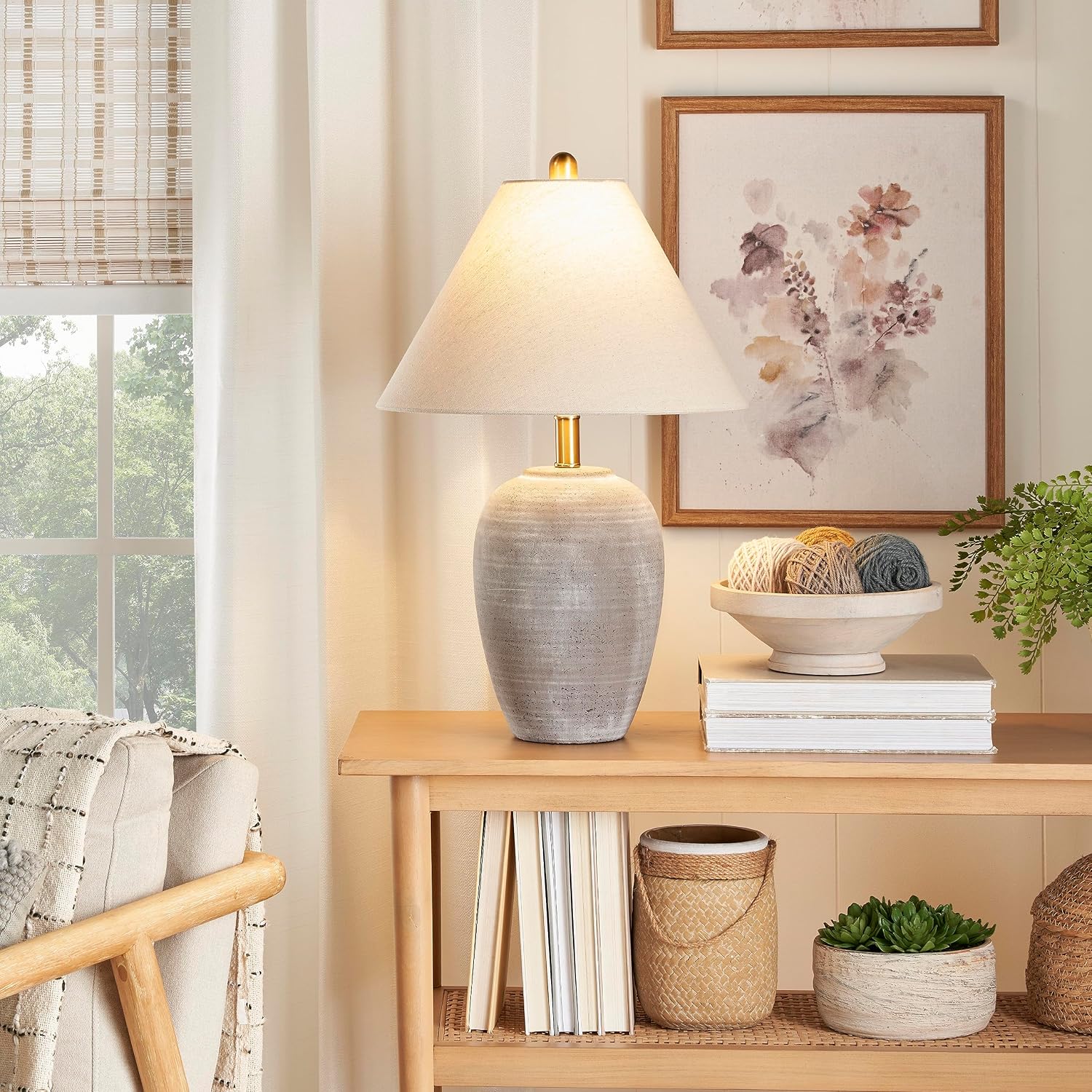 Nourison Home 23" Rustic Brown (Gray Undertones) Ceramic Pot Table Lamp for Bedroom, Living Room, Dining, Home Office, Entryway