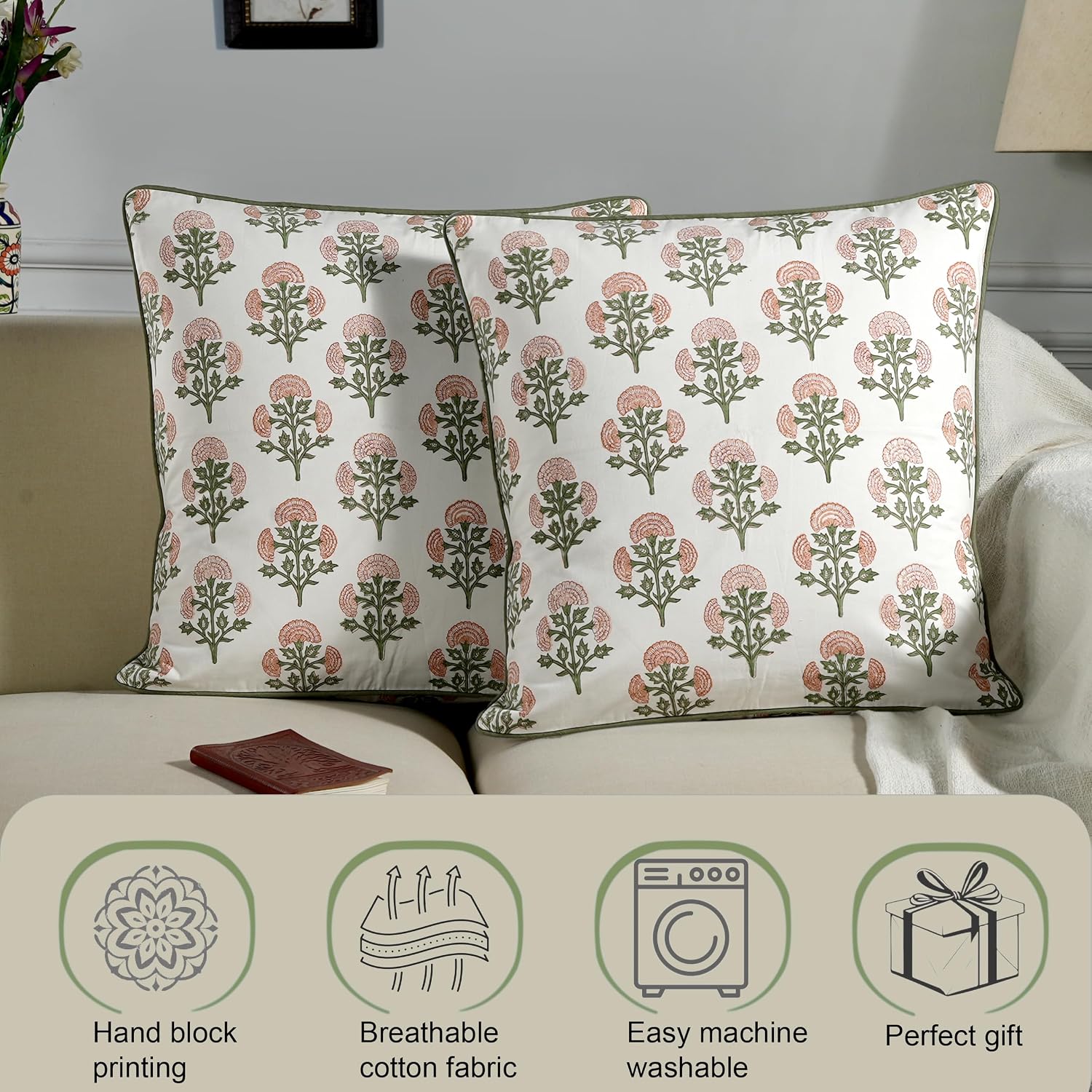 Ridhi Block Print Mughal Buta Peach Pillow Cover 18" x 18" (Pack of 2) Decorative Couch Pillows for Living Room, Farmhouse Chic Boho Cute O…
